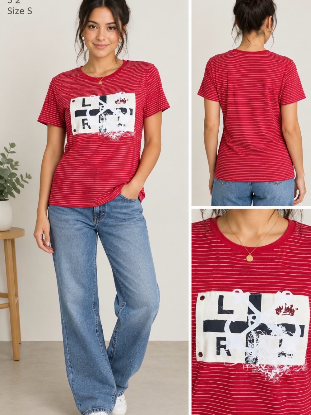 Lauren Ralph Lauren P/P 100% Cotton Red Striped Graphic Tee approx XS/S